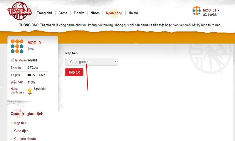 Thapthanh cho phép bạn nạp tiền trực tiếp vào cổng game mình đang tham gia