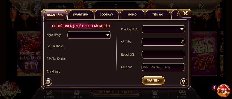 Nạp tiền v8 club qua ngân hàng