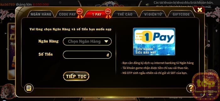 Nạp tiền Top88 qua hình thức qua 1Pay