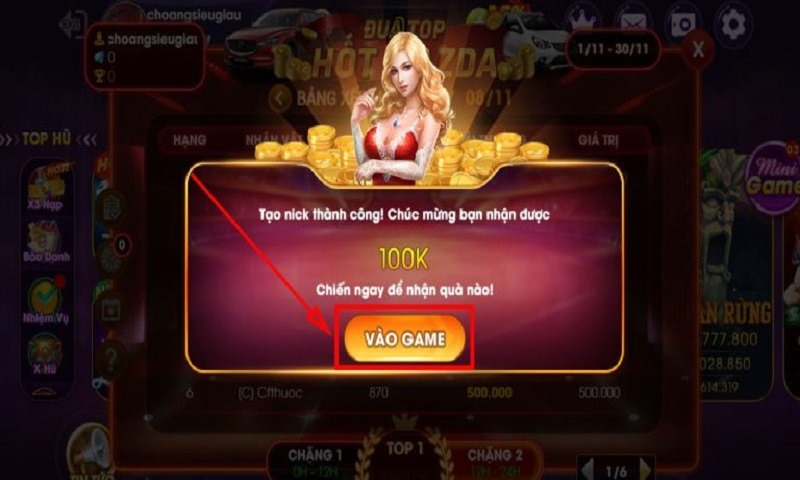 Khi đăng ký thành công, bạn sẽ nhận được tiền thưởng 100k từ cổng game.