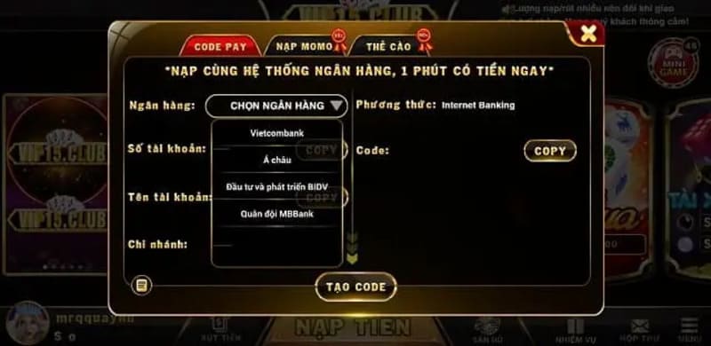 Giao diện nạp tiền của cổng game