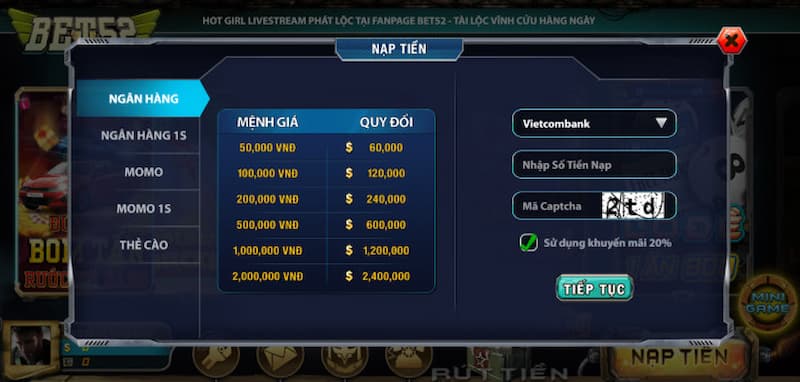 Các bước nạp rút tiền tại cổng game bet52