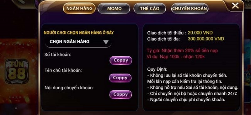 Các bước nạp/rút tiền tại cổng game Tun88